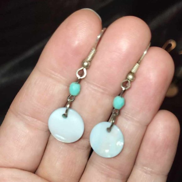 Turquoise Color Bead & Shell Hook Earrings - Picture 1 of 3